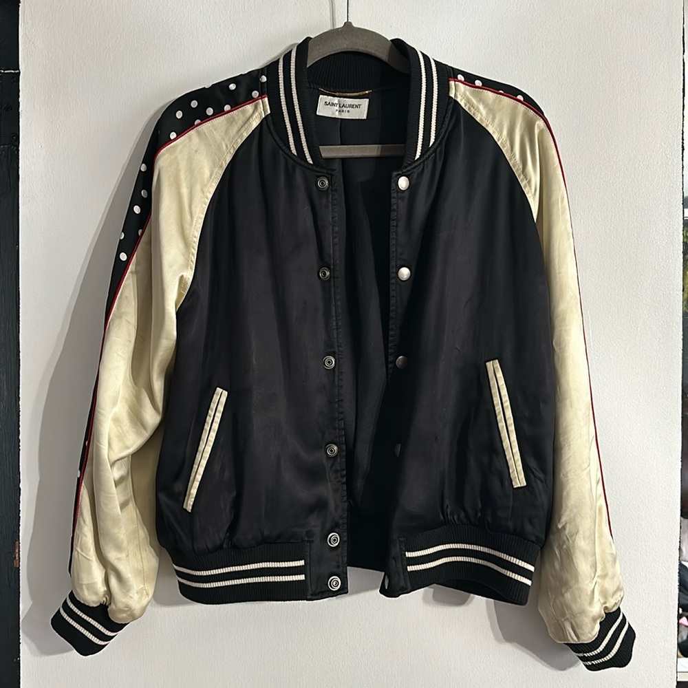 $2,990 Saint Laurent Polka Dot Trim Teddy Raglan Silk Bomber Jacket YSL Logo.
